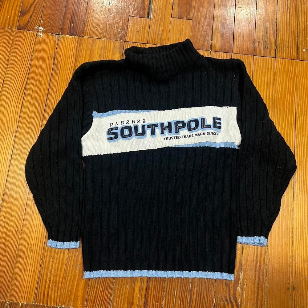 Y2K 2000s knit ribbed turtle-neck baggy pullover logo sweater